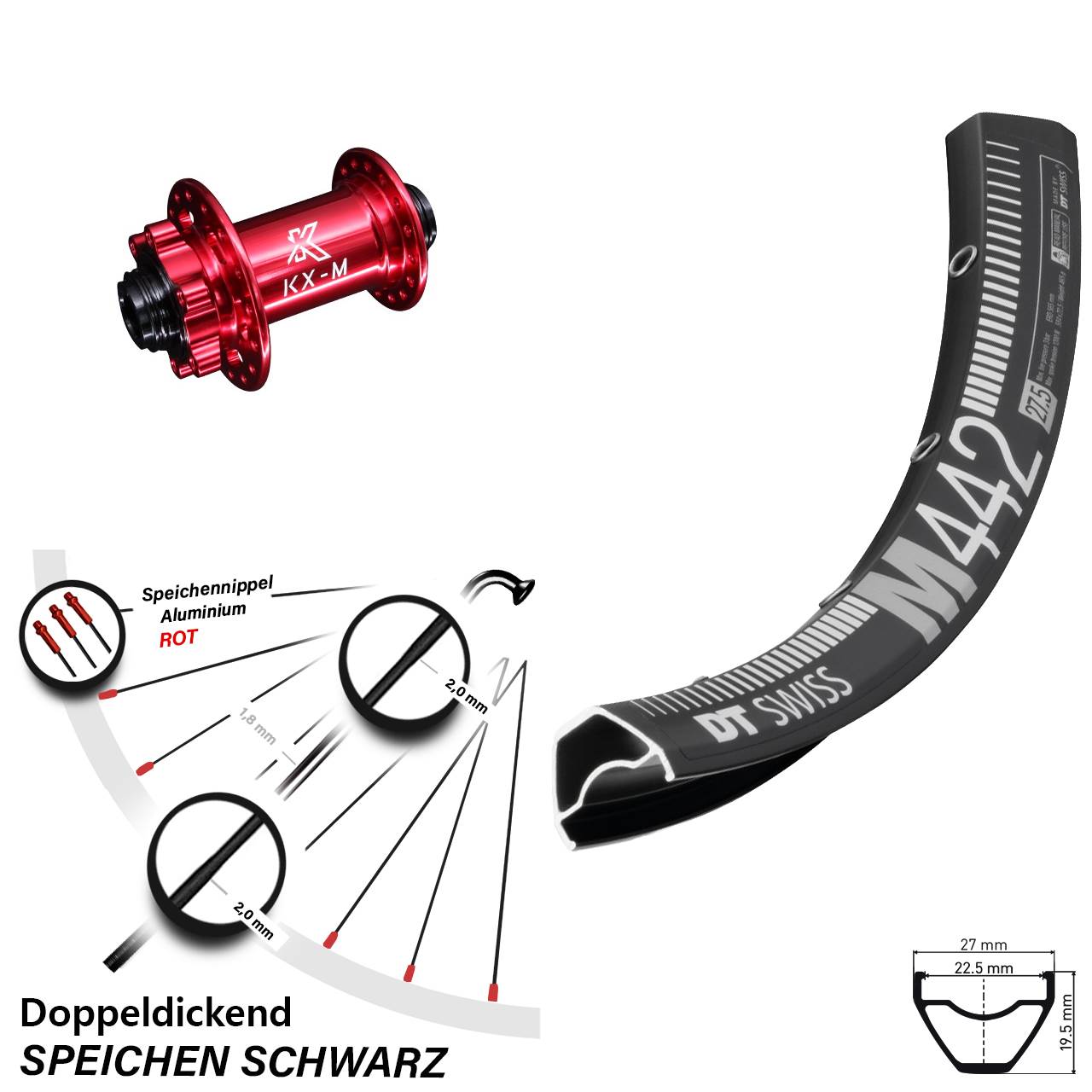 DT Swiss M 442 Disc-Vorderrad 29 Zoll KX-M 15x100 mm rot eloxiert 6-loch MTB
