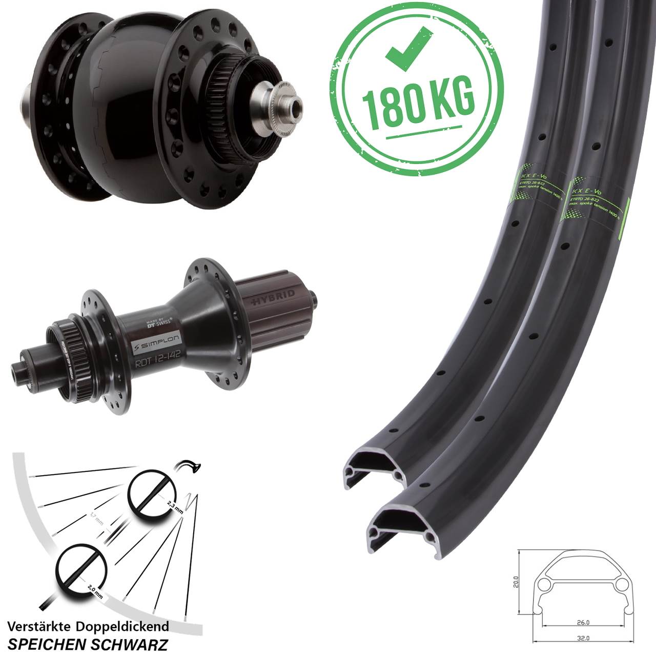 20/27,5 Zoll KX Evo DT Swiss 370 Hybrid SON 28 Disc Laufradsatz QR 8-11 fach