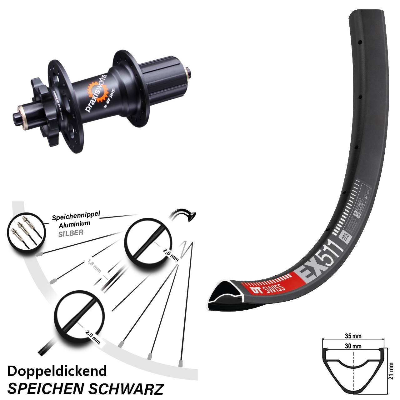 29 Zoll DT Swiss EX 511-350 Hinterrad 6-Loch 8-11 fach QR