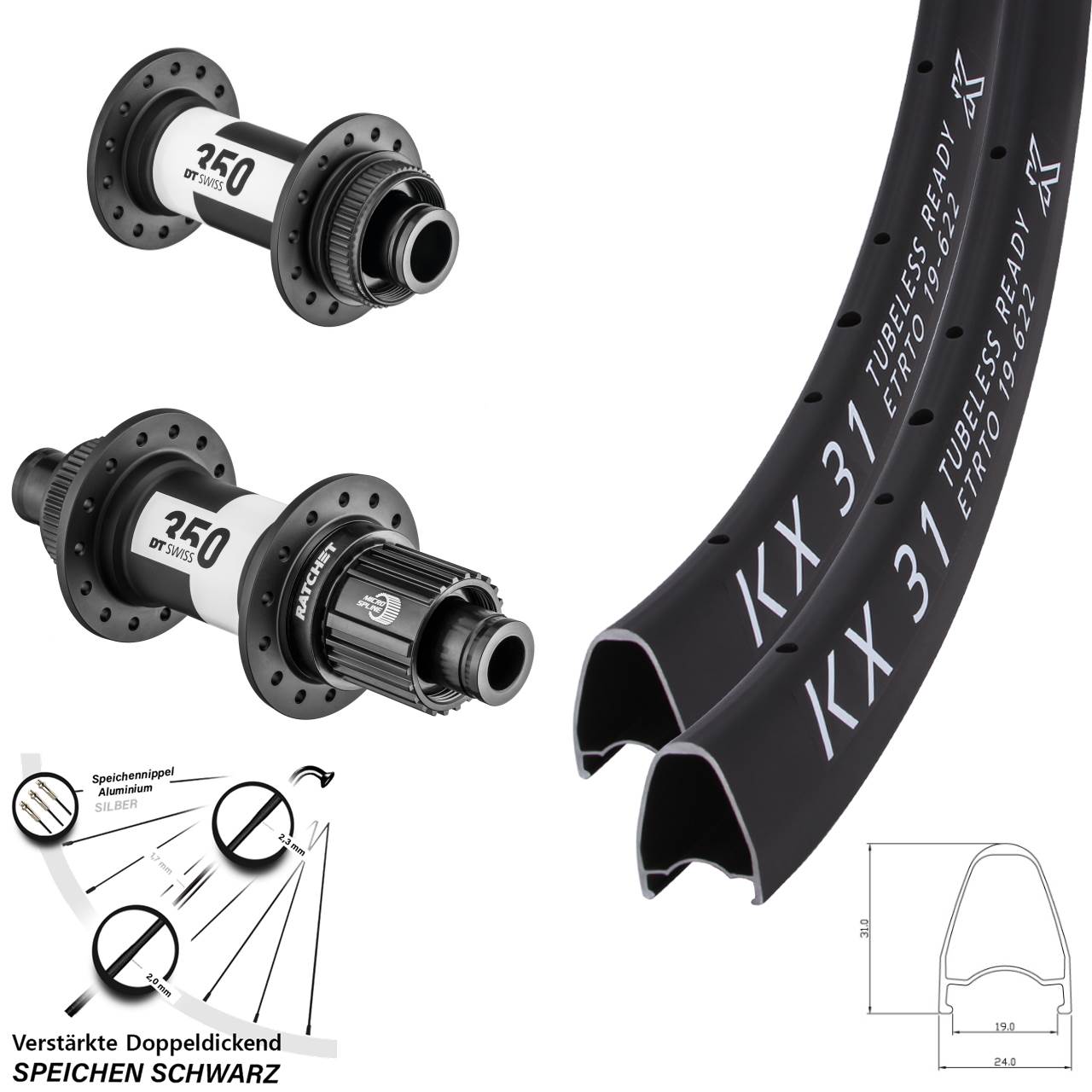 KX31 DT Swiss 350 28 Zoll Centerlock Laufradsatz 15x100 12x142 Shimano Micro Spline