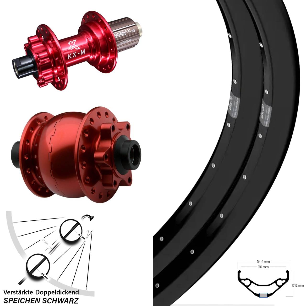 Ryde Disc 30 KX-M rot SON 28 27,5 Zoll Laufrad-Satz 15x100 12x142 8-12 fach