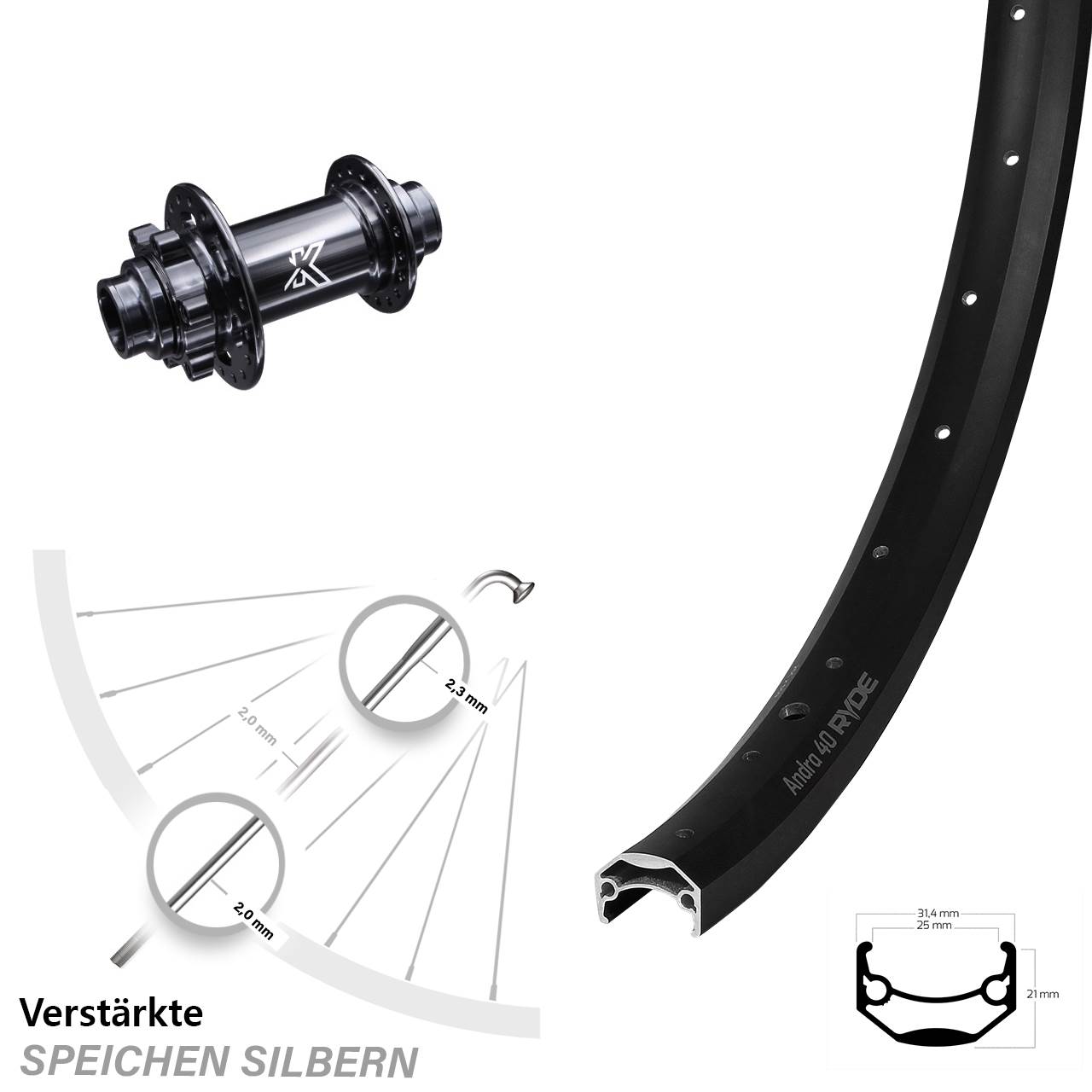 650B Ryde Andra 40 KX-M Vorderrad 6-Loch 20x110 non Boost