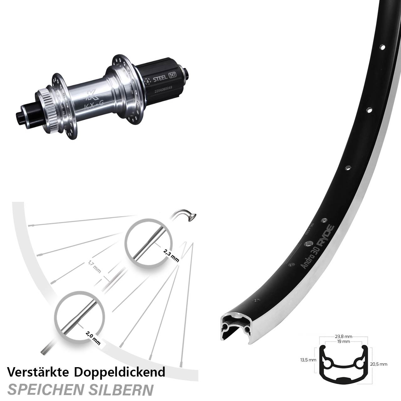 28 Zoll Ryde Andra 30 KX-GS Heavy Duty Hinterrad Schnellspanner 8-12 fach