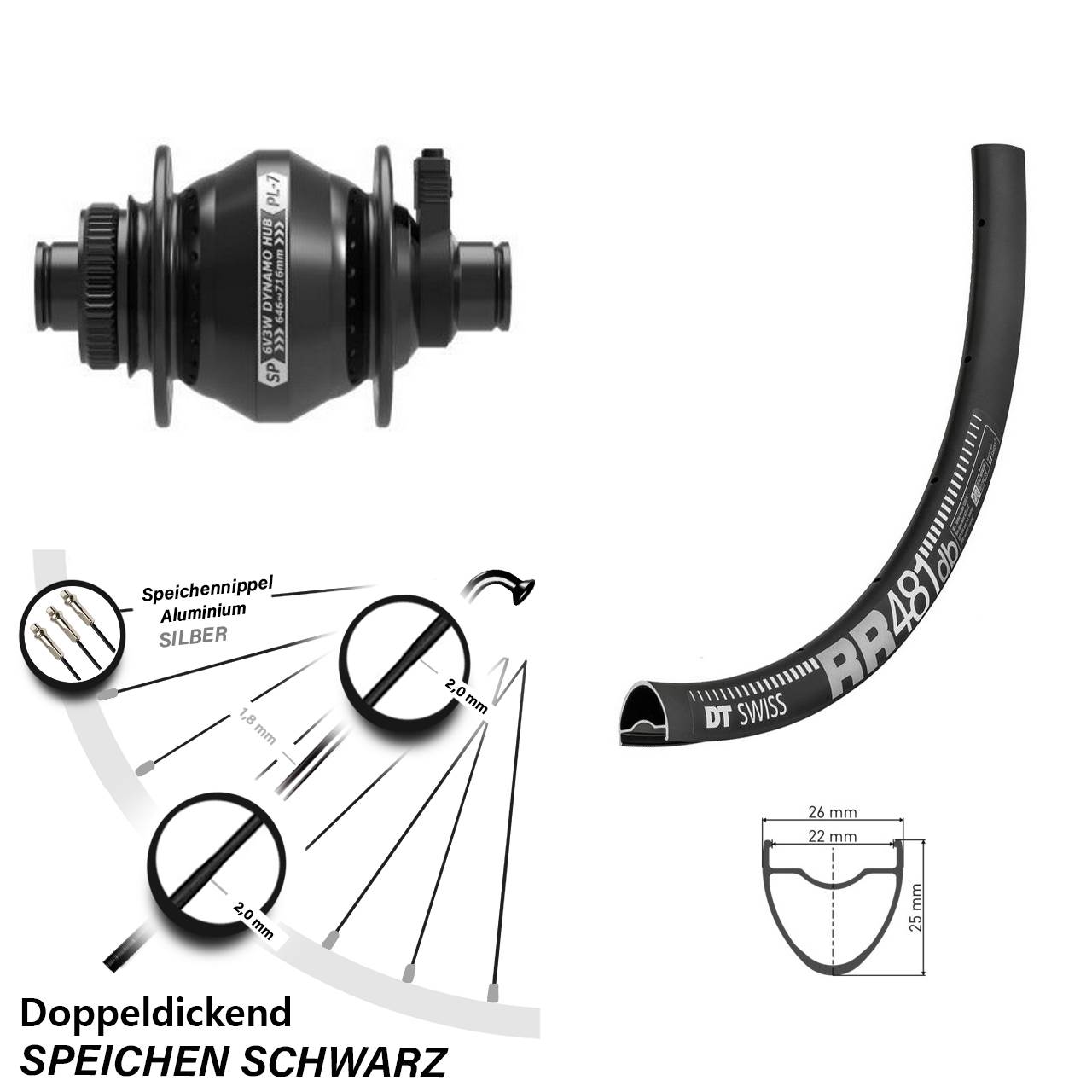 Nabendynamo DT Swiss RR 481 DB 28 Zoll Scheibenbrems-Rennrad-Vorderrad
