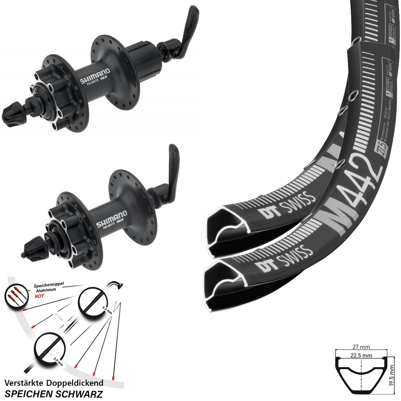 28-29 Zoll DT Swiss M442 Shimano HB-M475 FH-M475 6-Loch Laufradsatz QR 8-11 fach
