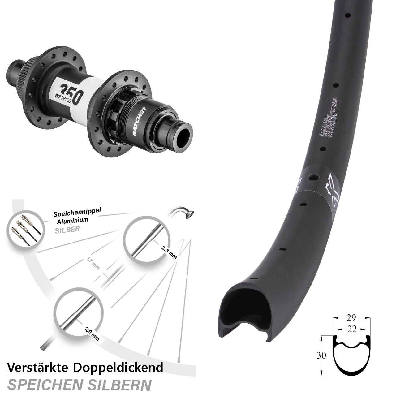 Disc Hinterrad 12x142 29 Zoll KX-RC Gravel Carbon DT Swiss 350 Ratchet 36 XDR 11-12 fach
