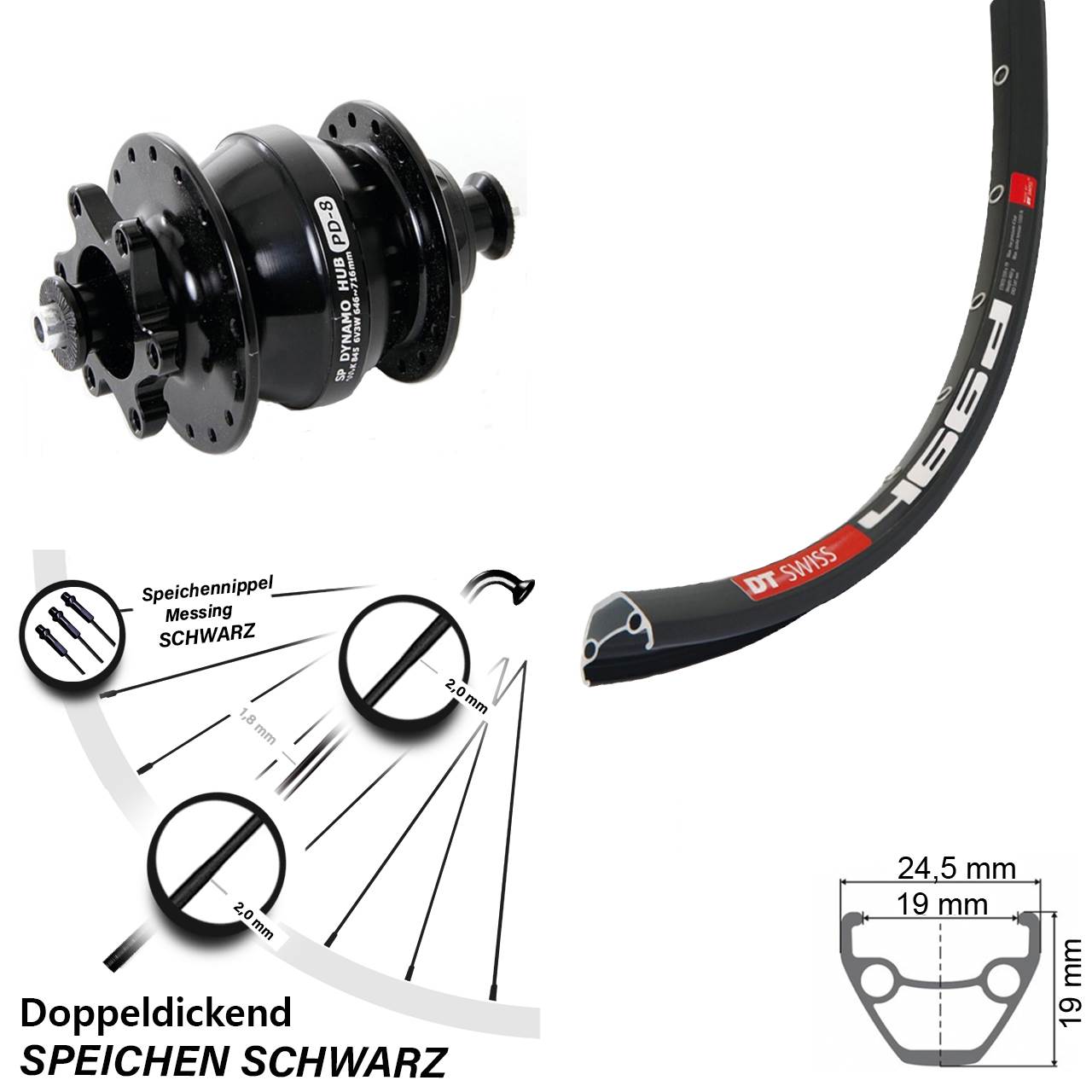 Vorderrad 28/29 Zoll DT Swiss 466 Nabendynamo Shutter PD-8 Disc 6-Loch QR 5x100 mm