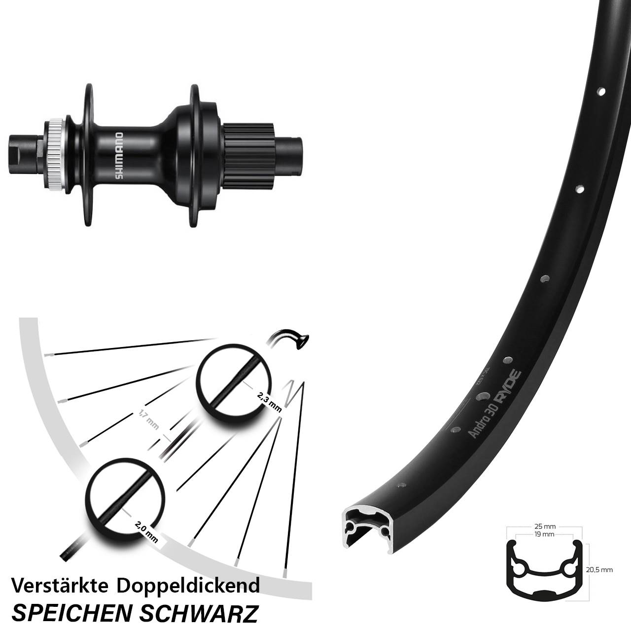 28 Zoll Ryde Andra 30 Shimano FH-MT510 Disc Hinterrad 12x142 Shimano Micro Spline