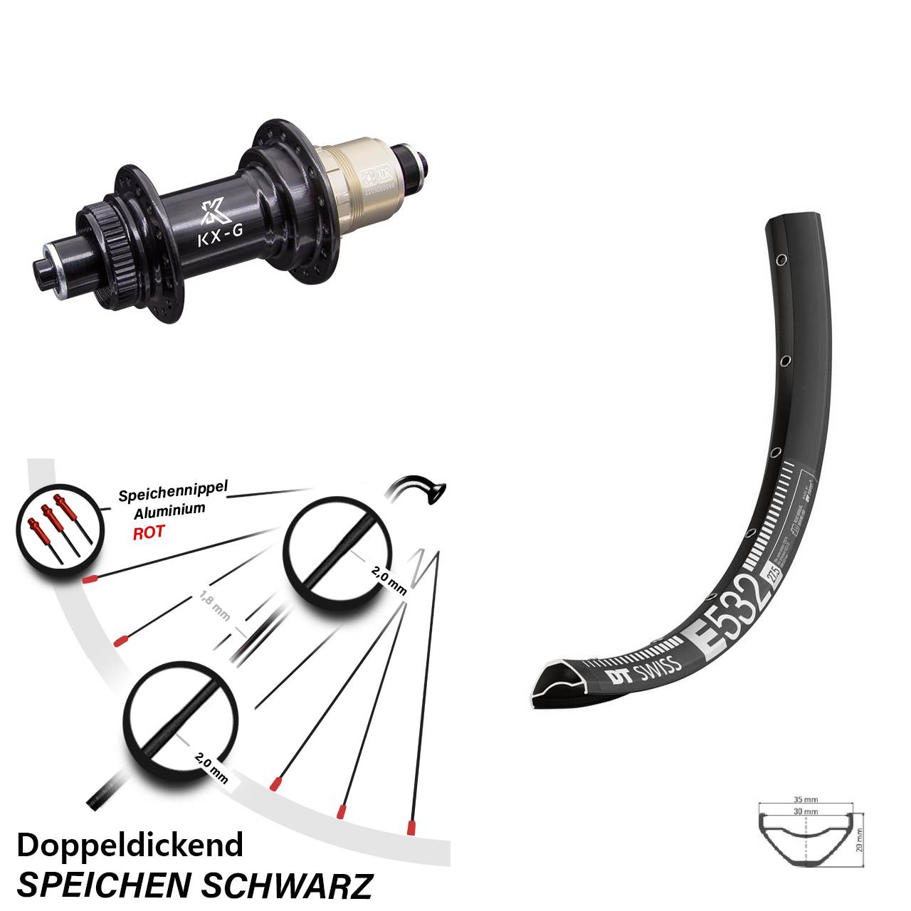 Centerlock Hinterrad 27,5 Zoll DT Swiss E532 KX-G XD-R für Schnellspanner
