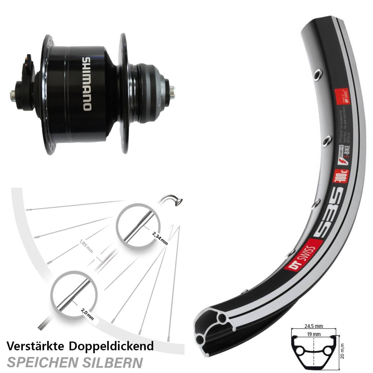 Vorderrad 26 Zoll DT Swiss 535 Shimano DH-3D72 für Schnellspanner