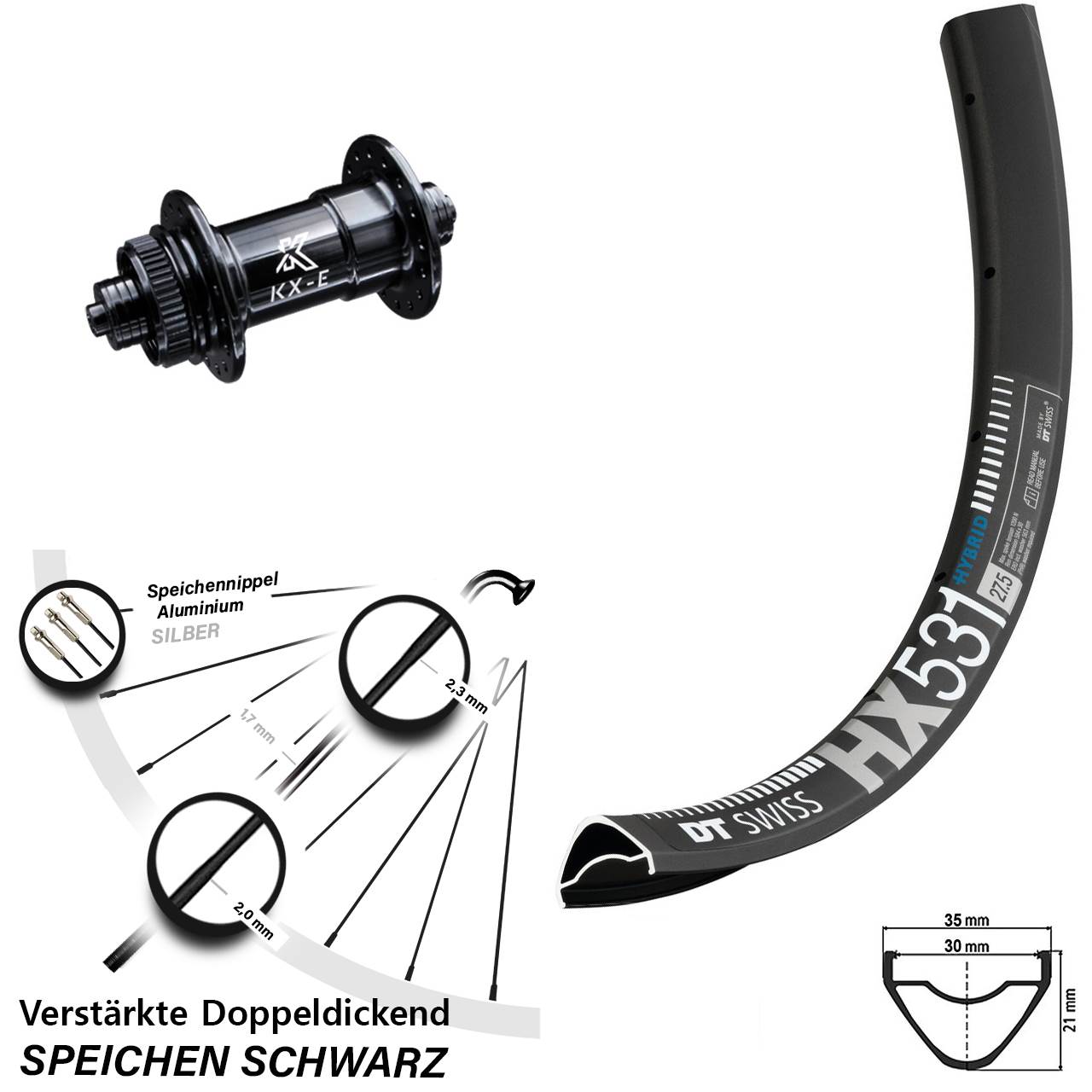 DT Swiss HX531 KX-E 29 Zoll Vorderrad Centerlock QR