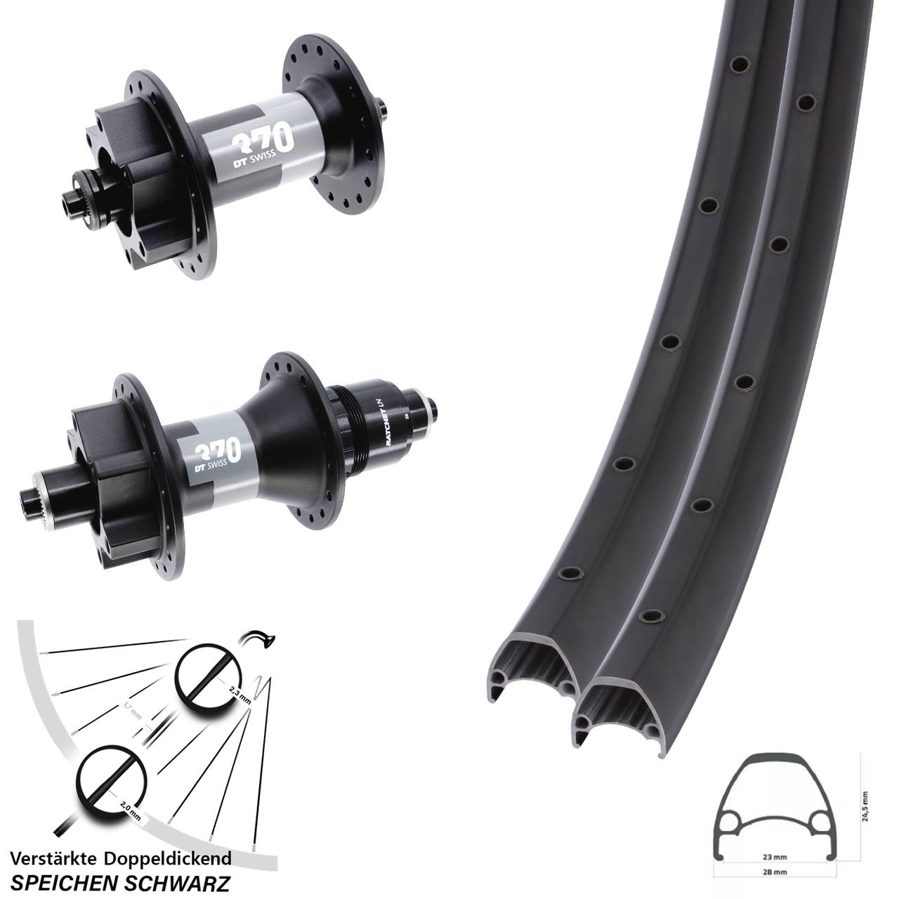28-29 Zoll Ambrosio Sport DT Swiss 370 Laufradsatz 6-Loch für Schnellspanner XD 11-12 fach