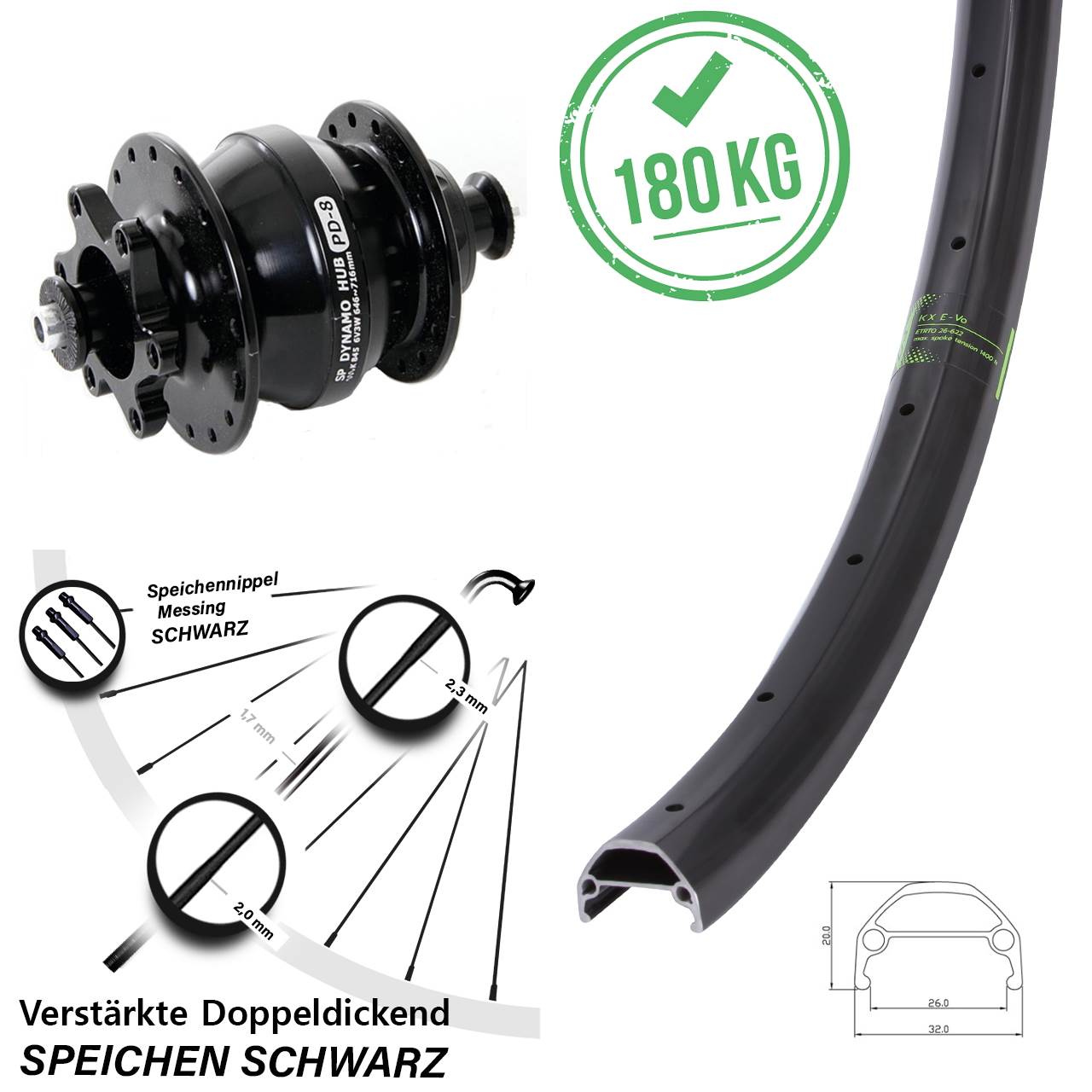 Vorderes Rad Shutter Precision PD-8 Disc Nabendynamo KX Evo 26 Zoll