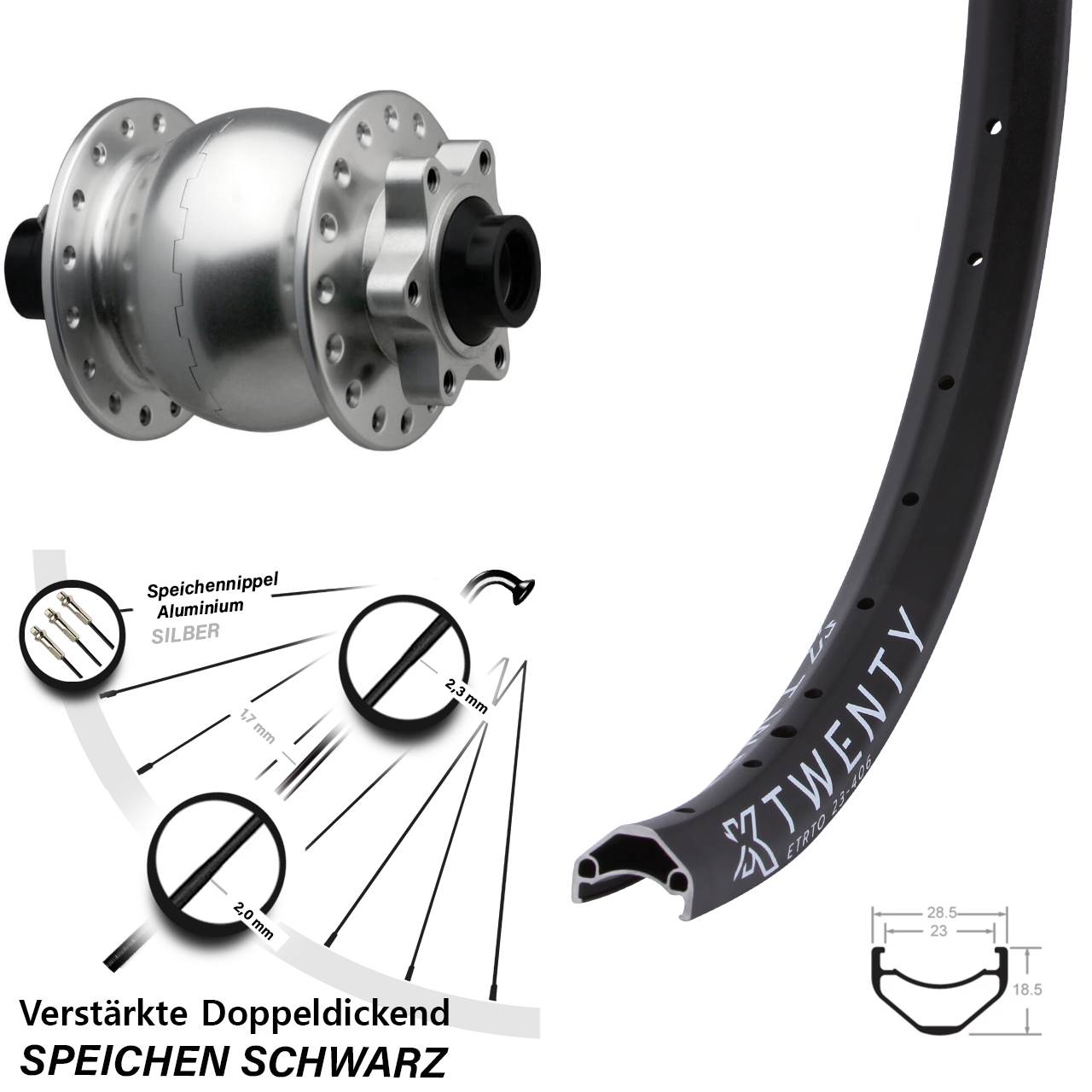 Disc Laufrad mit Nabendynamo 20 Zoll KX Twenty SON 28 silbern 15x110 Boost