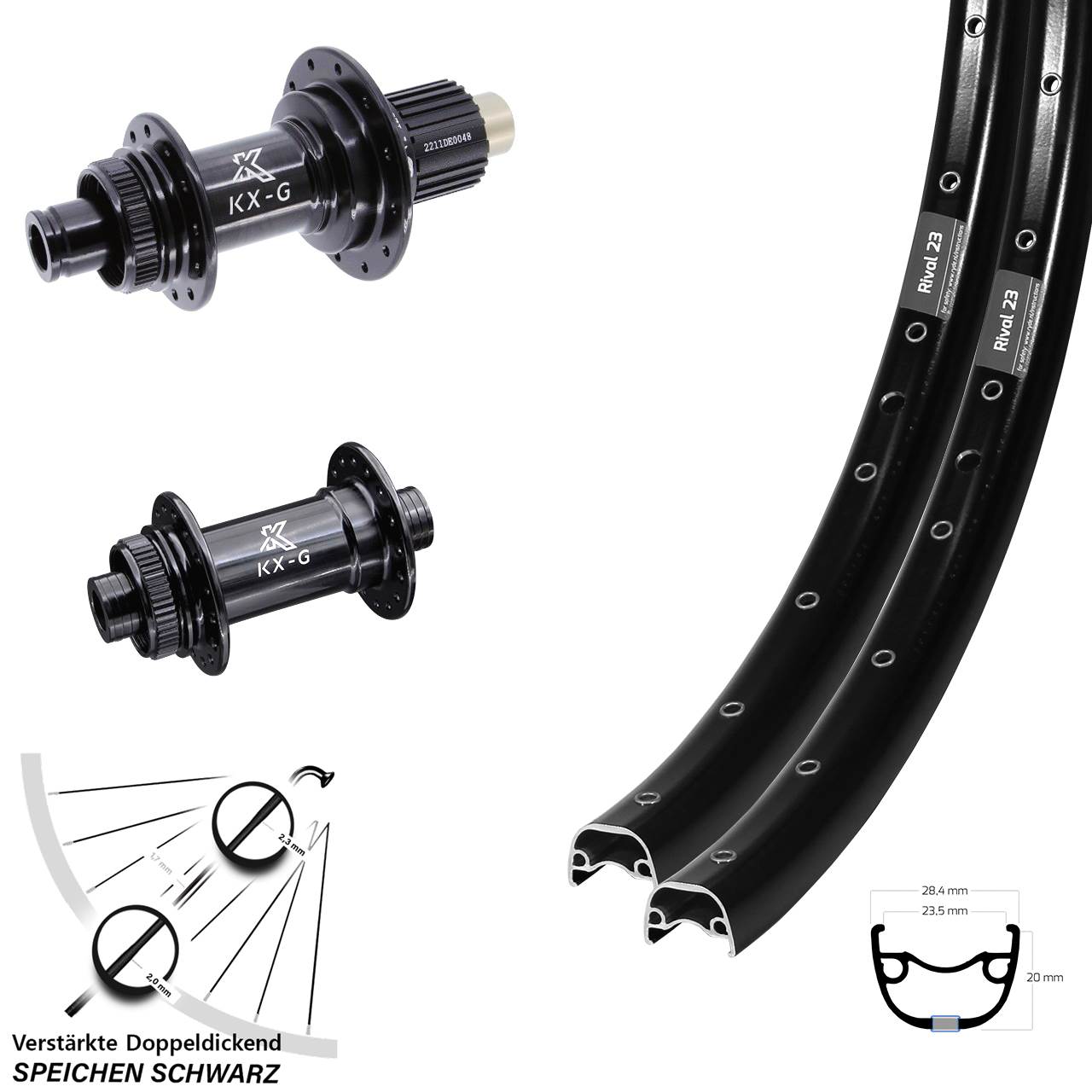 27,5 Zoll Ryde Rival 23 Disc schwarz Laufradsatz 12x100/142 KX-G Micro Spline
