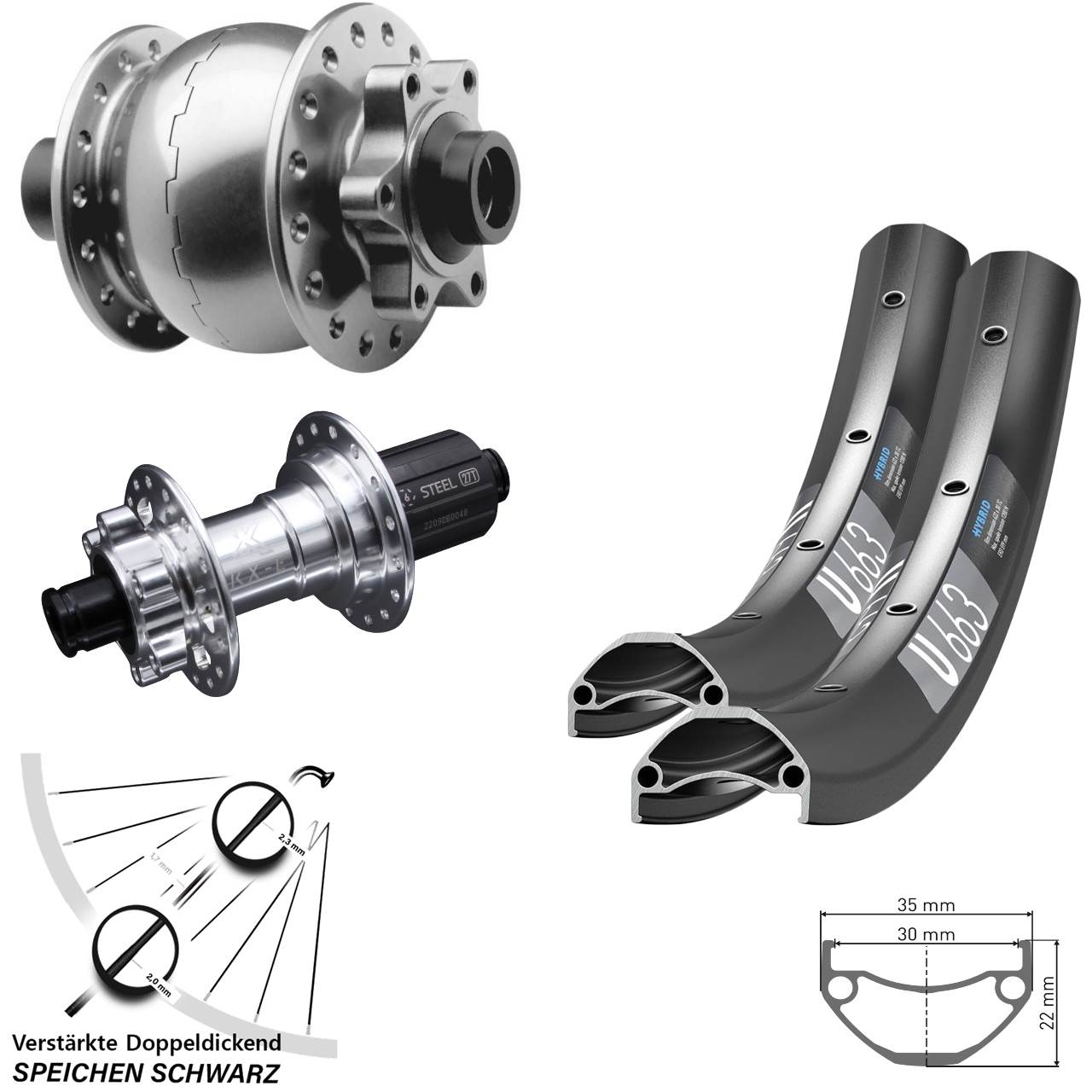 Laufradsatz 6-Loch 20 Zoll DT Swiss U663 KX-E verstärkt SON 28 8-12 fach HG 15x100 12x142