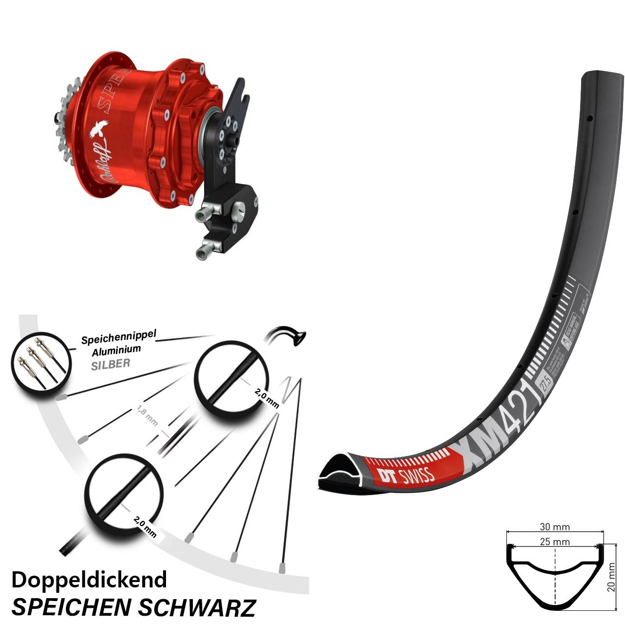 DT Swiss XM421 Rohloff 500/14 CC DB OEM2 Tandem rot 27,5 Zoll Disc Hinterrrad