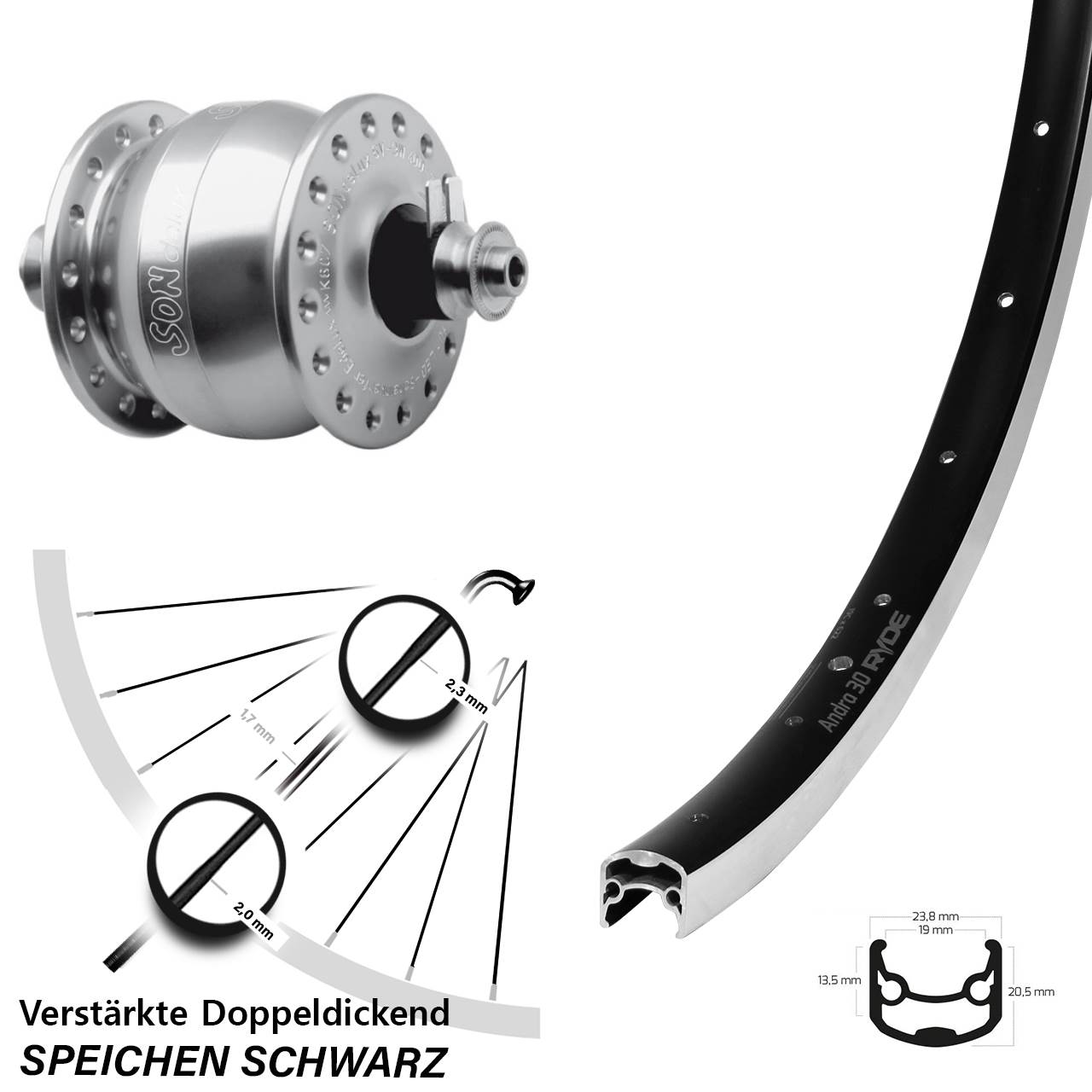 SON delux Ryde Andra 30 28 Zoll Nabendynamovorderrad für Schnellspanner