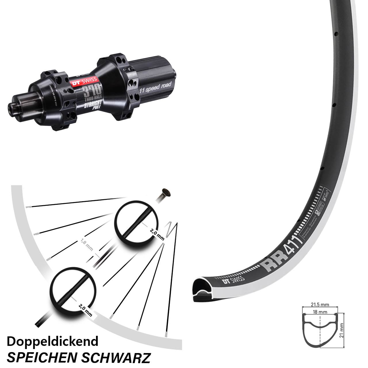 DT Swiss RR 411-370 28 Zoll Laufrad hinten QR 11-12 fach