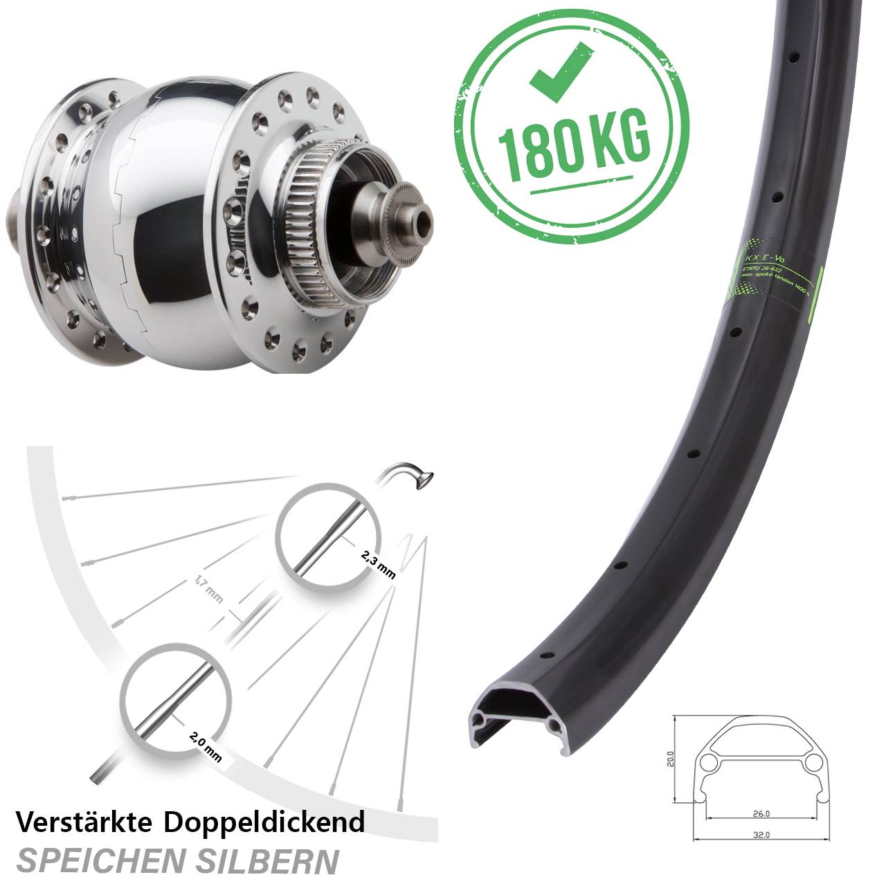 SON 28 poliert KX Evo 20 Zoll Centerlock Dynamovorderrad QR