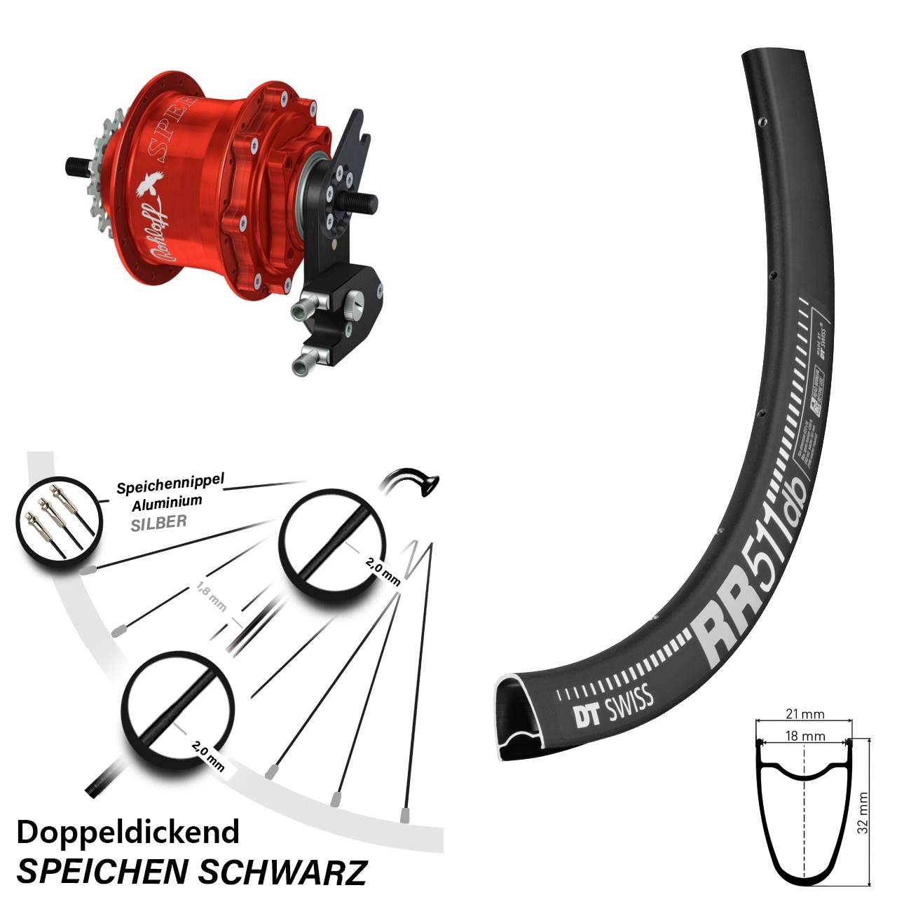 Hinterrad 28 Zoll DT Swiss RR 511 Disc Rohloff Speedhub 500/14 TS DB OEM2 Tandem rot