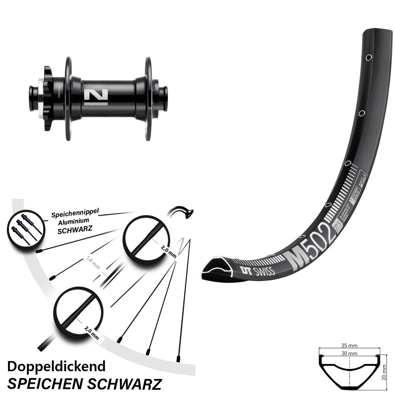 27,5 Zoll DT Swiss M502 Novatec D041SB 6-Loch Vorderrad 15x110 Boost