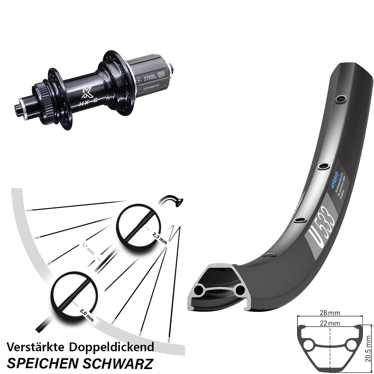 DT Swiss U533 KX-GS verstärkt 27,5 Zoll Disc Hinterrad QR 8-12 fach HG