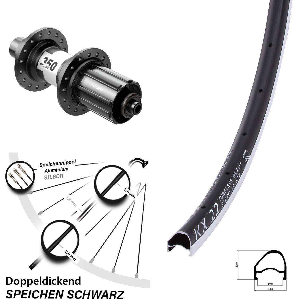 Hinterrad für Schnellspanner 28 Zoll KX 22 OS DT Swiss 350 11-12 fach
