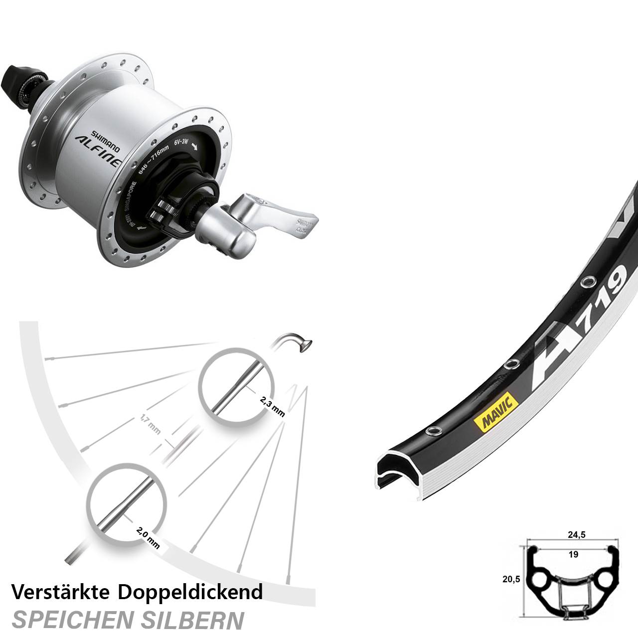 Vorderrad 28 Zoll Mavic A719 Shimano Alfine Nabendynamo