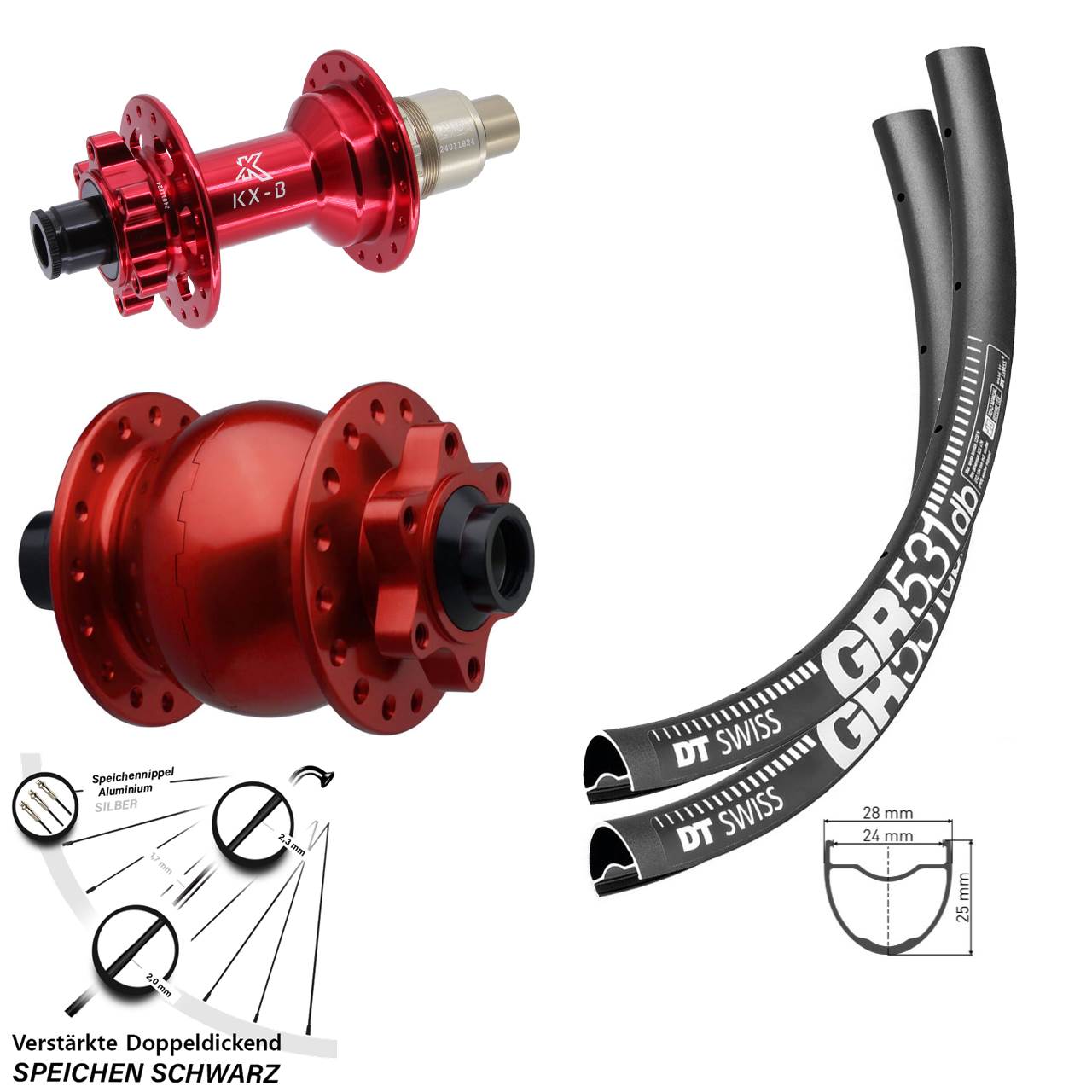 27,5 Zoll DT Swiss GR 531 KX-B rot SON 28 Laufradsatz 6-Loch 15x110 12x148 SRAM XD