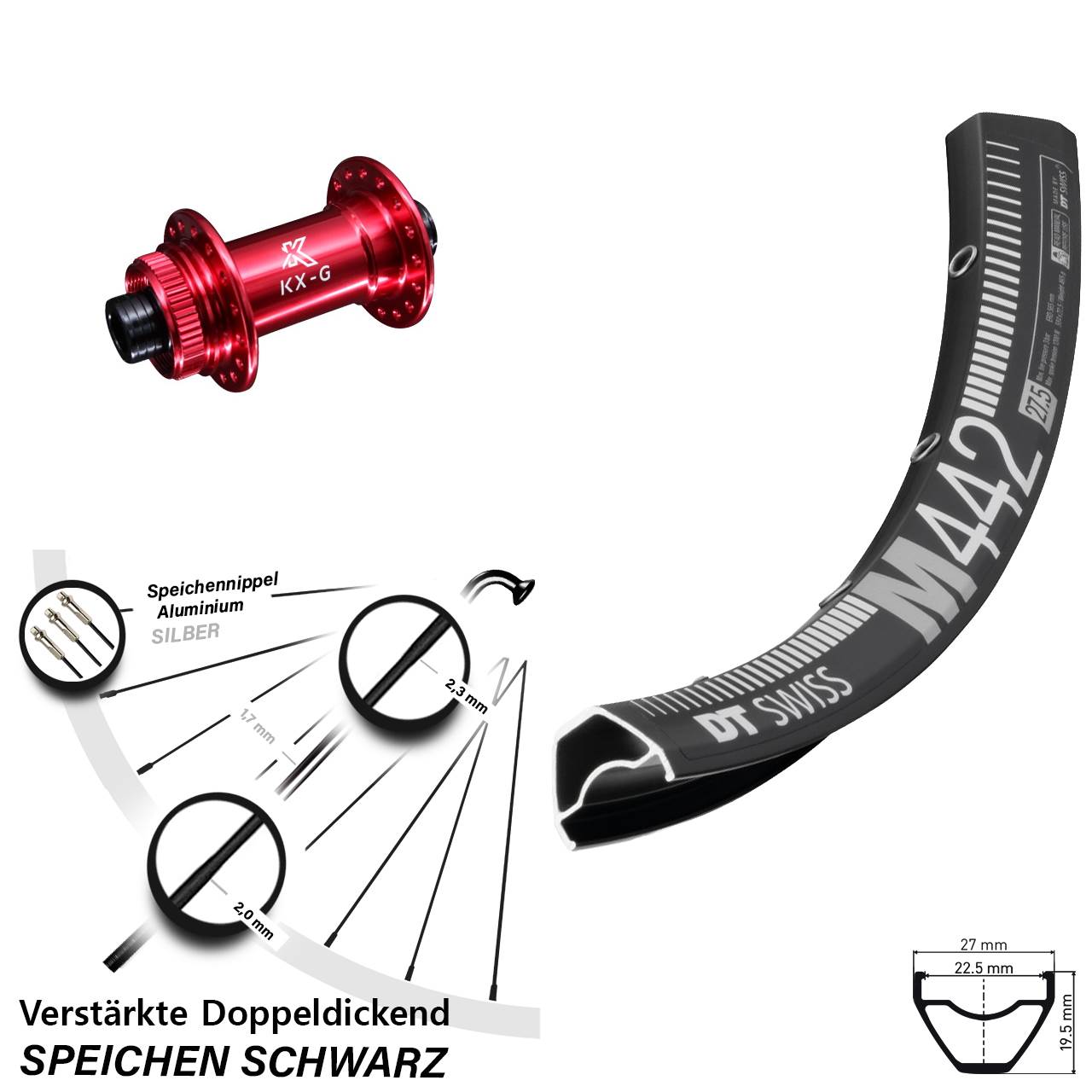 Centerlock Vorderrad 28 Zoll DT Swiss M442 KX-G rot 12x100