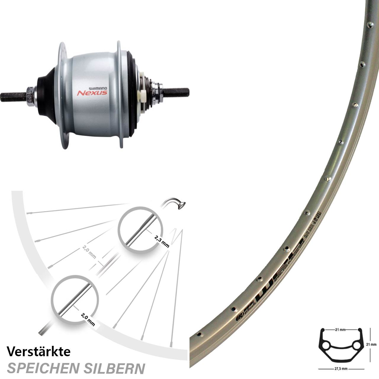 28 Zoll Rodi Web Shimano Nexus 8 Gang Hinterrad für Rollenbremse silbern
