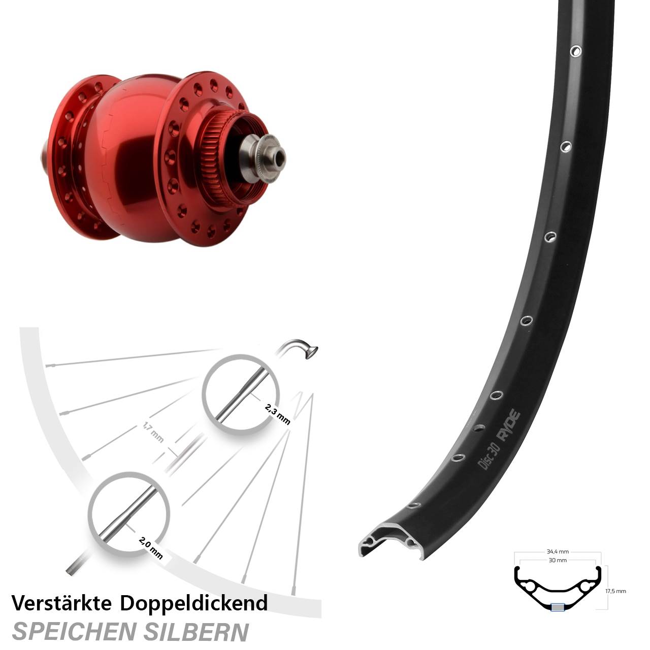 SONdelux rot Ryde Disc 30 29 Zoll Nabendynamovorderrad Centerlock für Schnellspanner