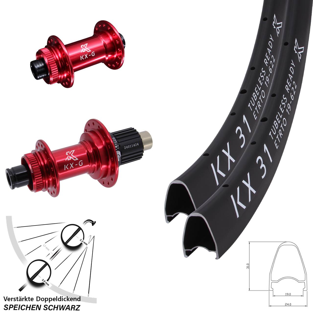 28 Zoll KX-G 31 rot Disc Laufrad-Satz 15x100 12x142 Micro Spline