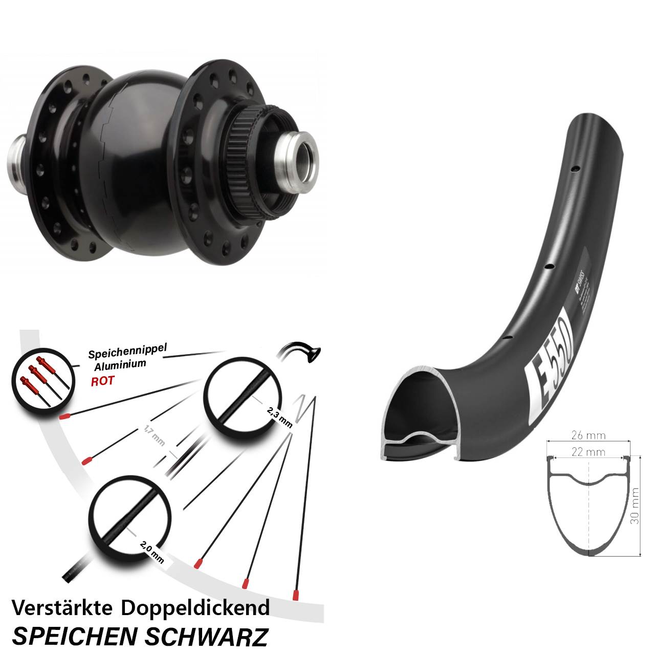 Nabendynamovorderrad SON 28 Zoll DT Swiss E550 12x110 Boost