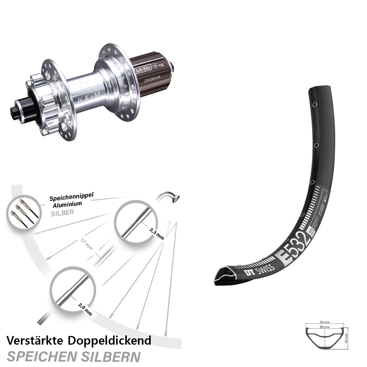 DT Swiss E 532 KX-M 29 Zoll Disc Laufrad für Schnellspanner 8-12 fach