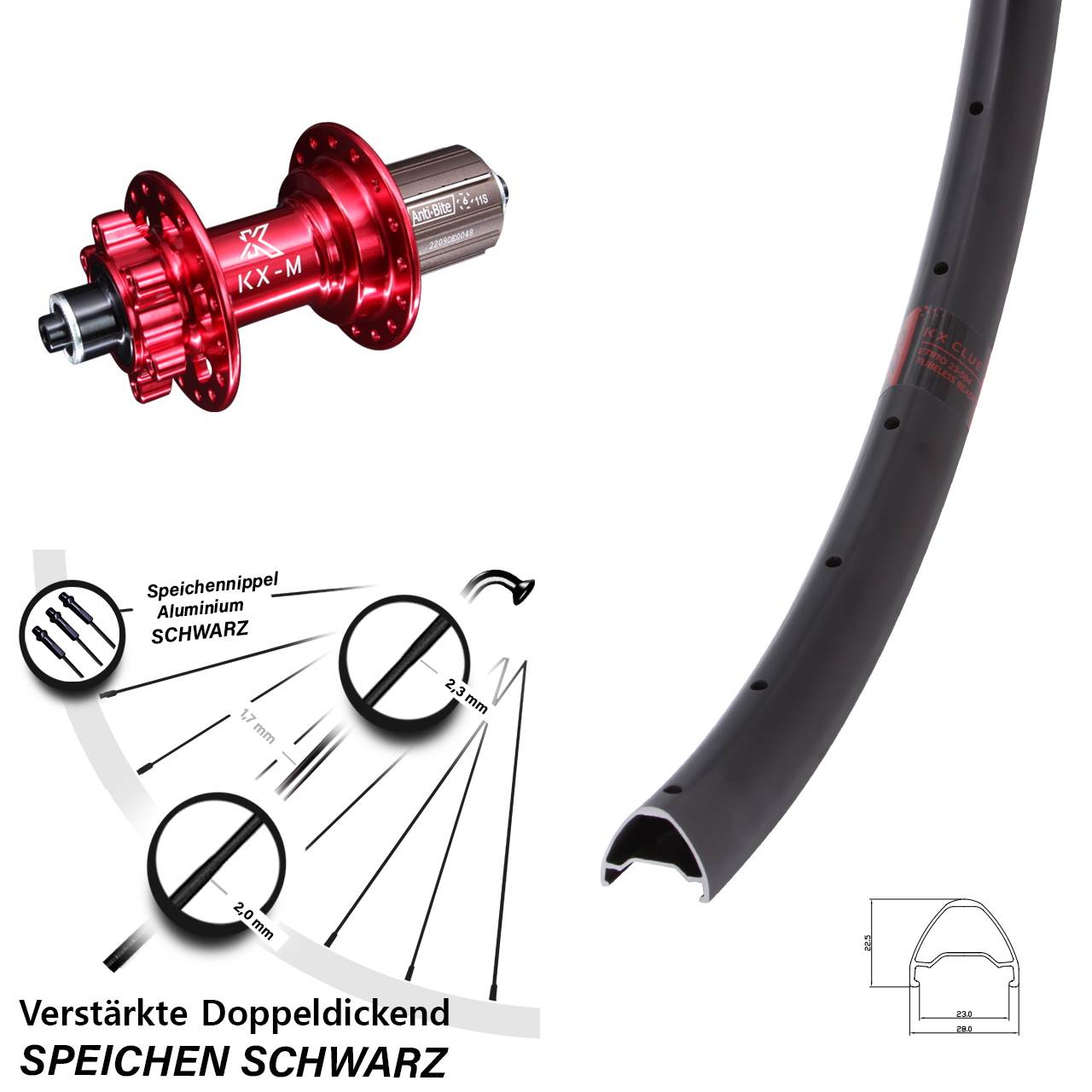 KX-M Clue rot 6-Loch 650B Hinterrad für Schnellspanner 8-12 fach HG
