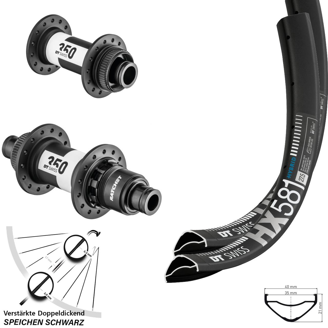 DT Swiss HX581 350 27,5 Zoll Centerlock Laufradsatz 15x100 12x142 XD