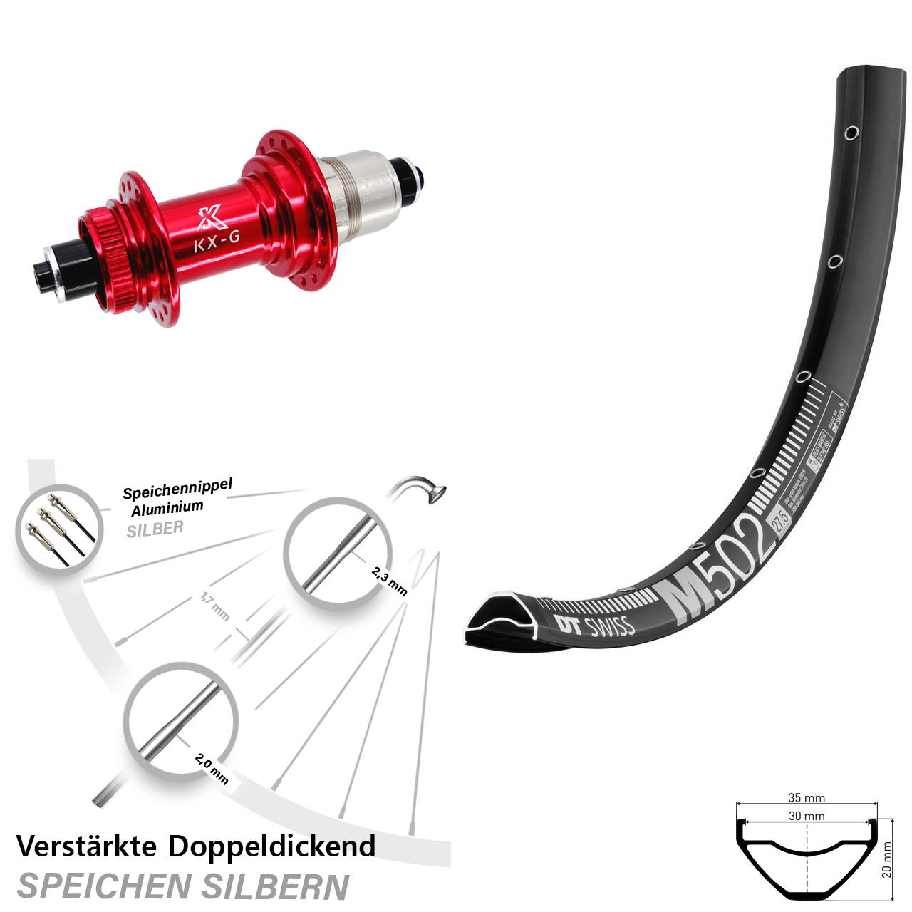 DT Swiss M502 KX-G rot 29 Zoll Disc Hinterrad für Schnellspanner SRAM XDR