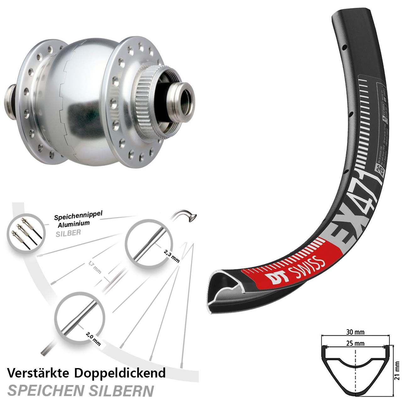 26 Zoll DT Swiss EX 471 SON 28 Centerlock Vorderrad mit Nabendynamo 12x100