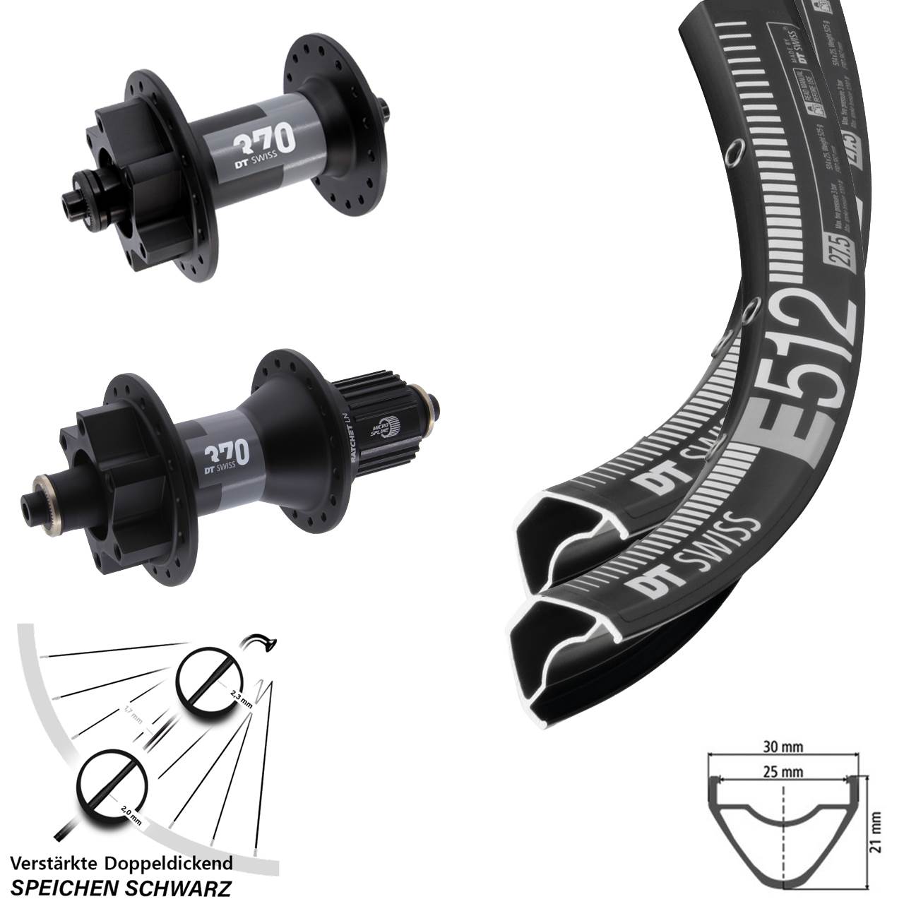 Laufradsatz 27,5 Zoll 6-Loch DT Swiss E 512-370 Hybrid Micro Spline QR