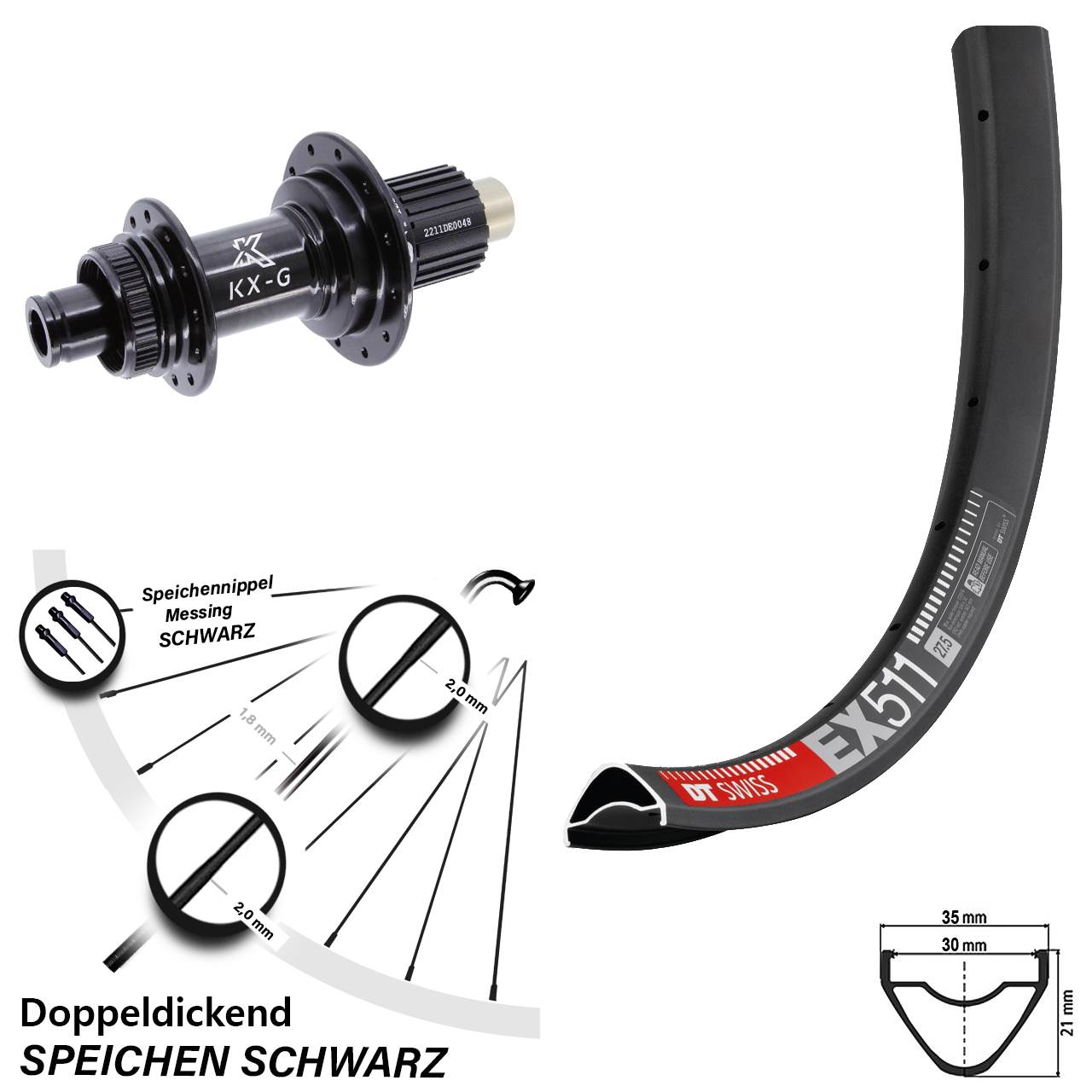 Hinterrad Centerlock 12x142 27,5 Zoll DT Swiss EX511 KX-G Micro Spline