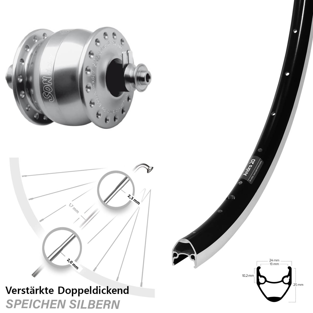 Vorderrad 28 Zoll Ryde Andra 20 schwarz SON delux Felgenbremse QR silbern eloxiert