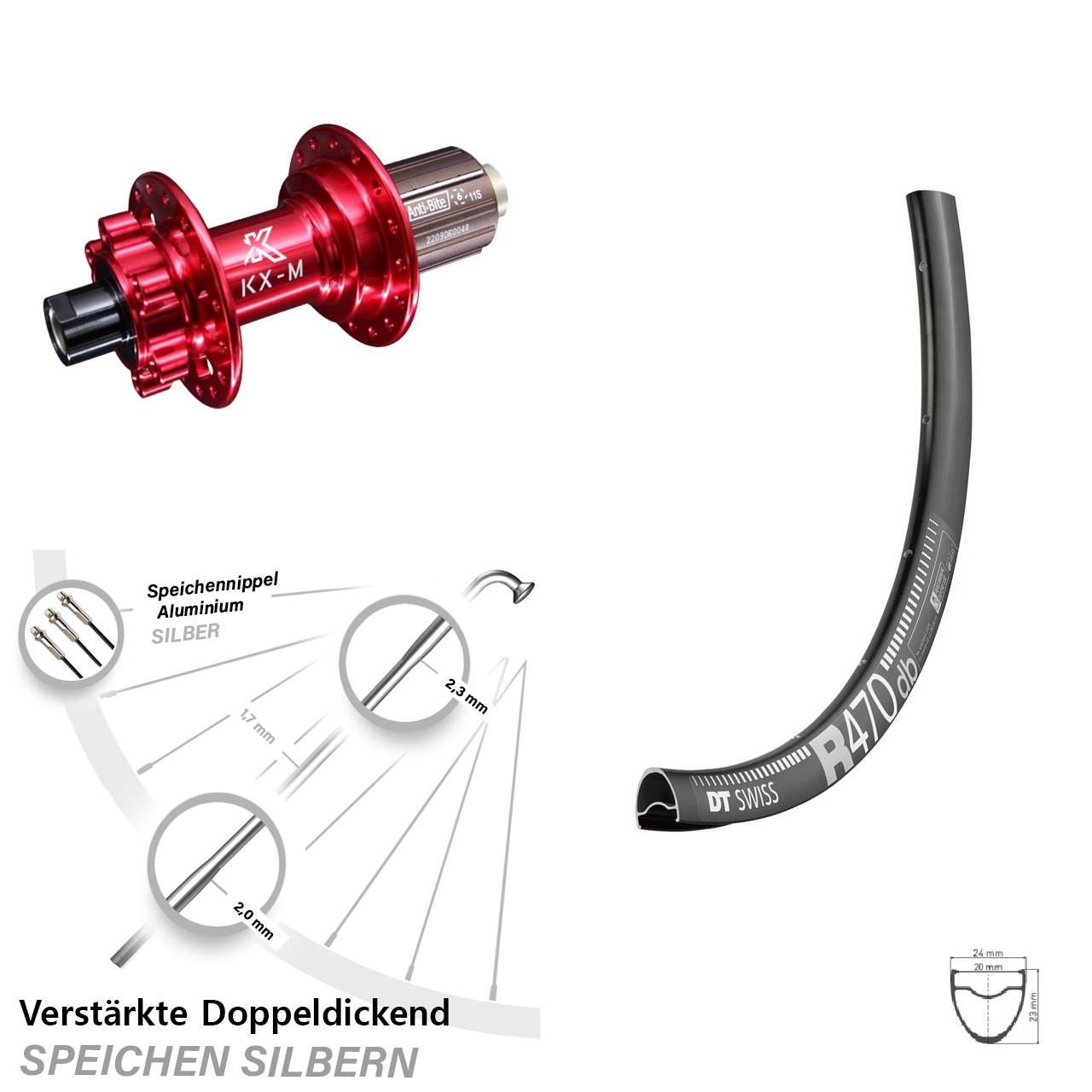 6-Loch Hinterrad 28 Zoll DT Swiss R 470 KX-M rot 8-12 fach HG 12x142