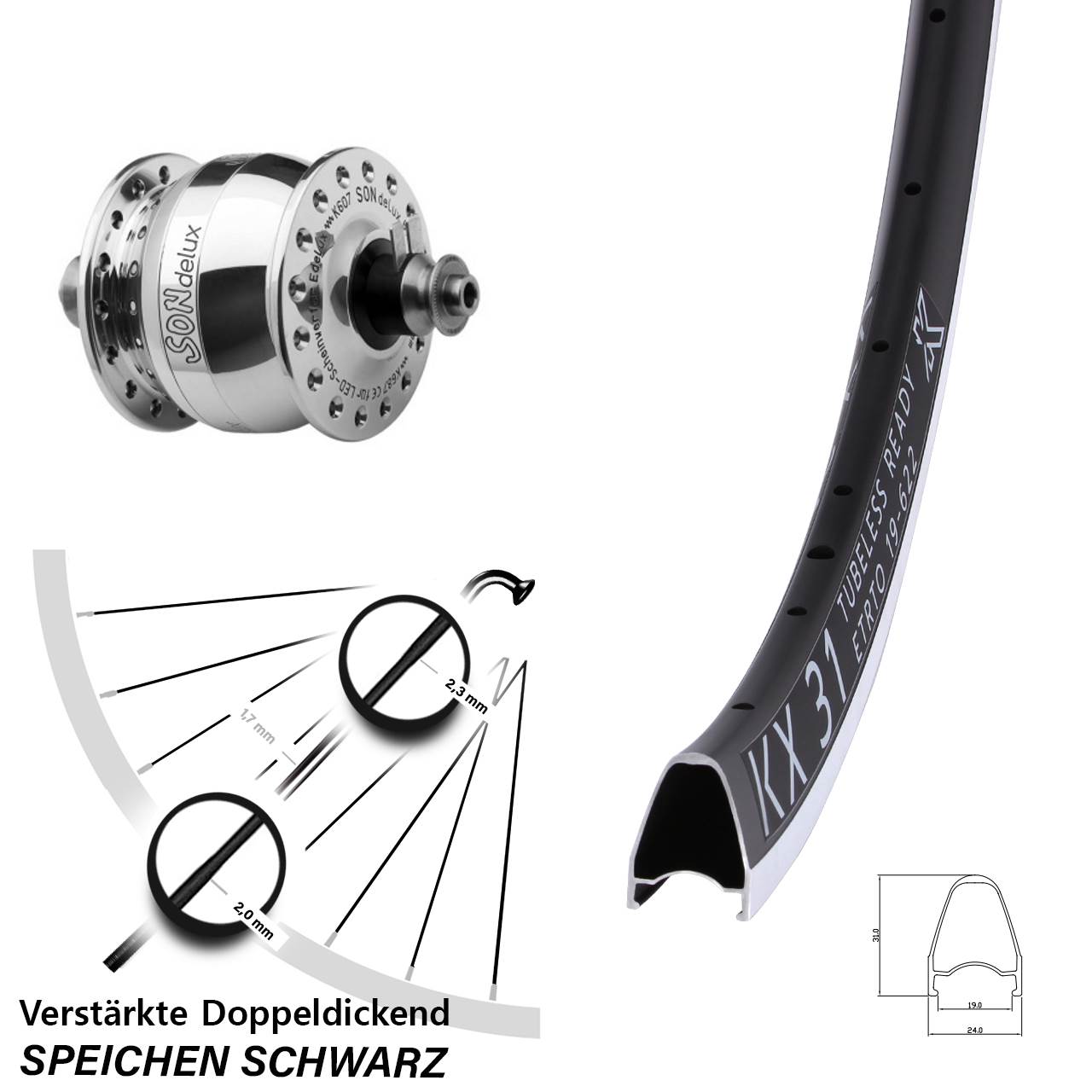 Vorderrad mit Nabendynamo 28 Zoll KX 31 SON delux QR