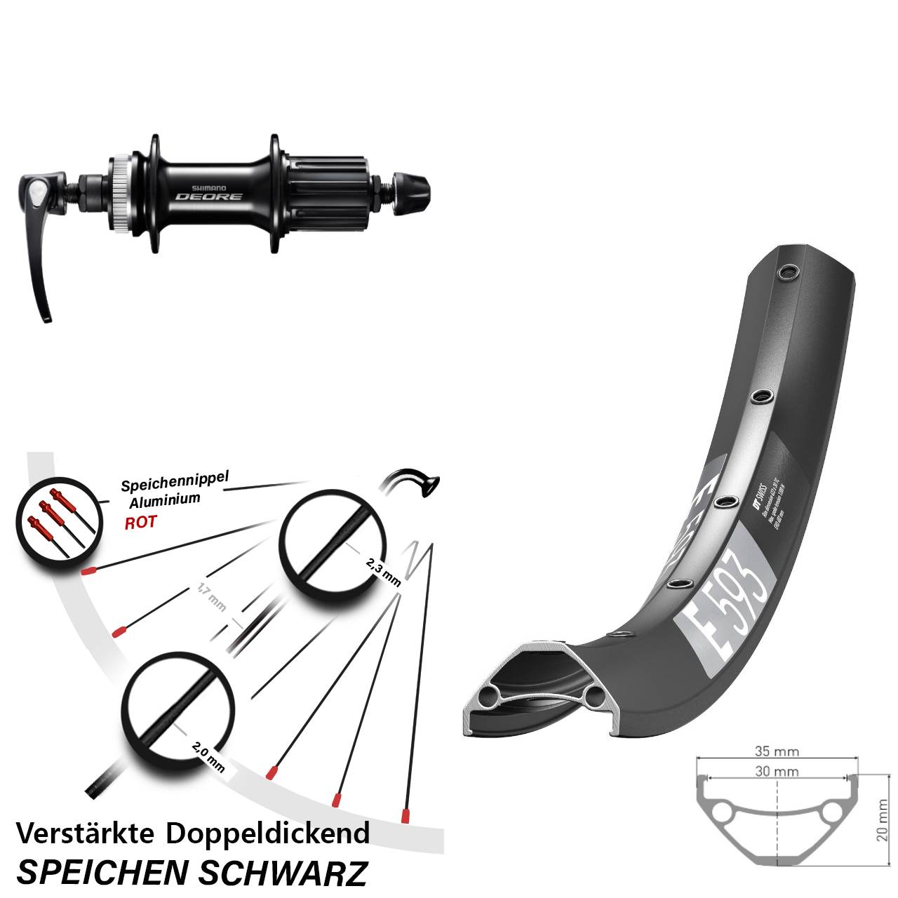 DT Swiss E593 Shimano FH-M6000 27,5 Zoll Disc Laufrad QR 8-11 fach HG