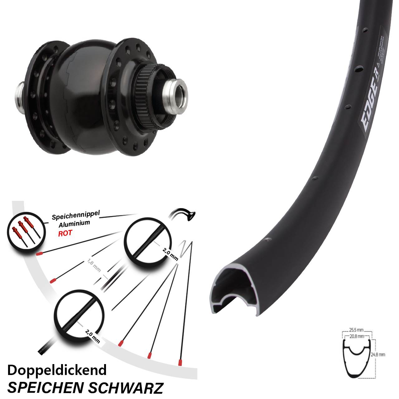 Vorderrad Nabendynamo SON 28 Zoll 12x100 mm Steckachse 24 Speichen Ryde Edge R25 OS Disc