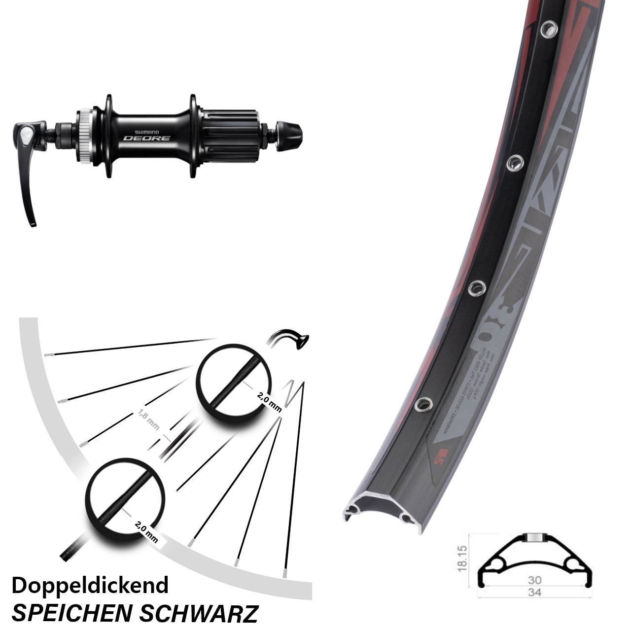 Centerlock Hinterrad 29 Zoll Rodi TRYP 30 Shimano Deore 8-11 fach HG für Schnellspanner