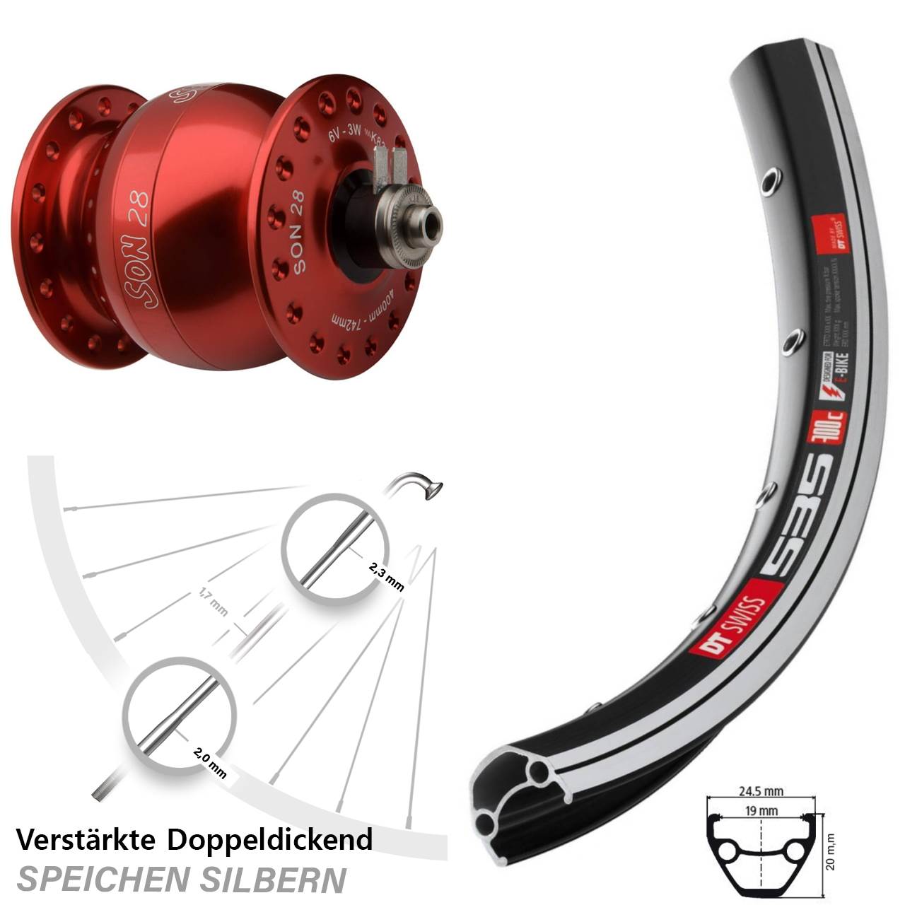 Nabendynamolaufrad für Schnellspanner SON 28 Zoll DT Swiss 535 rot