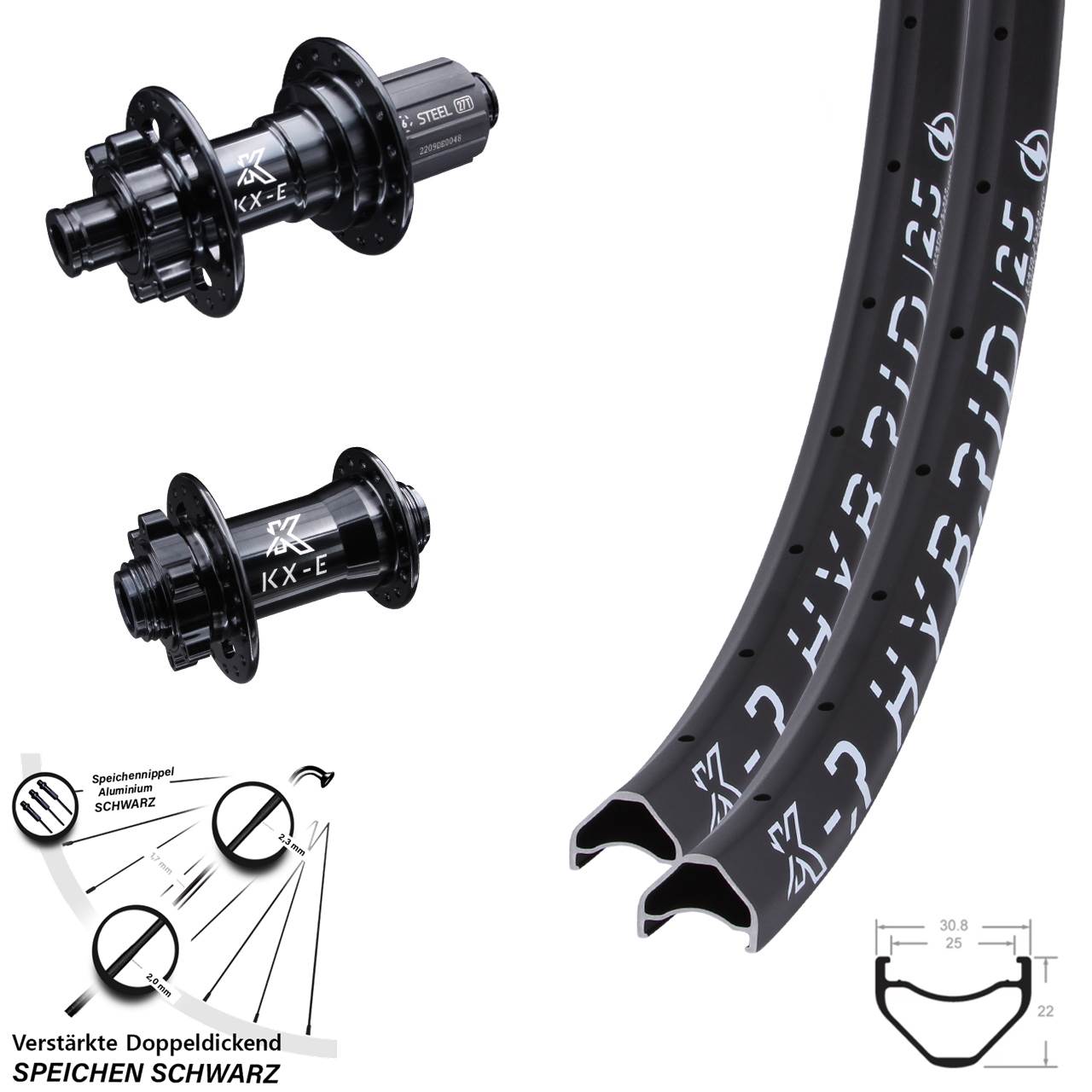 Laufradsatz 29 Zoll KX-ER Hybrid 25 verstärkt E-Bike Shimano Steckachse